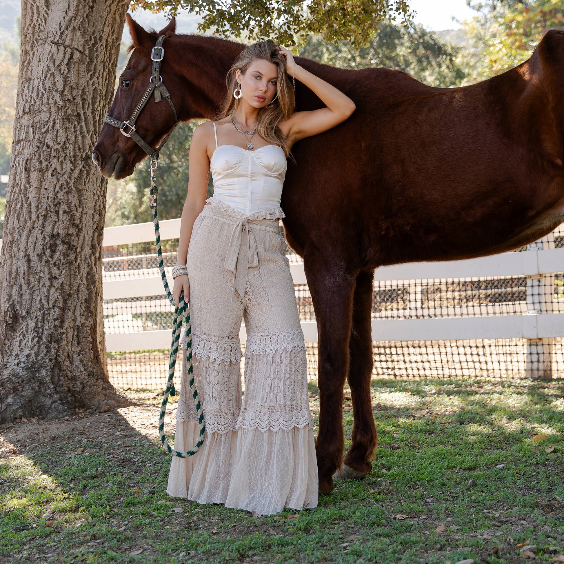 Boho Lace Tiered Flowy Wide Leg Pants