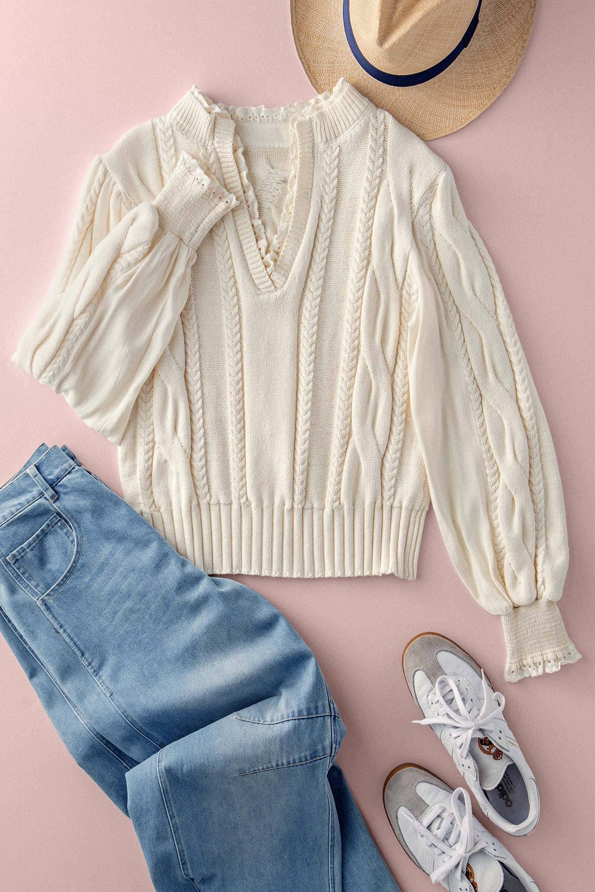 Elsie Lace Trim Cable Knit Sweater