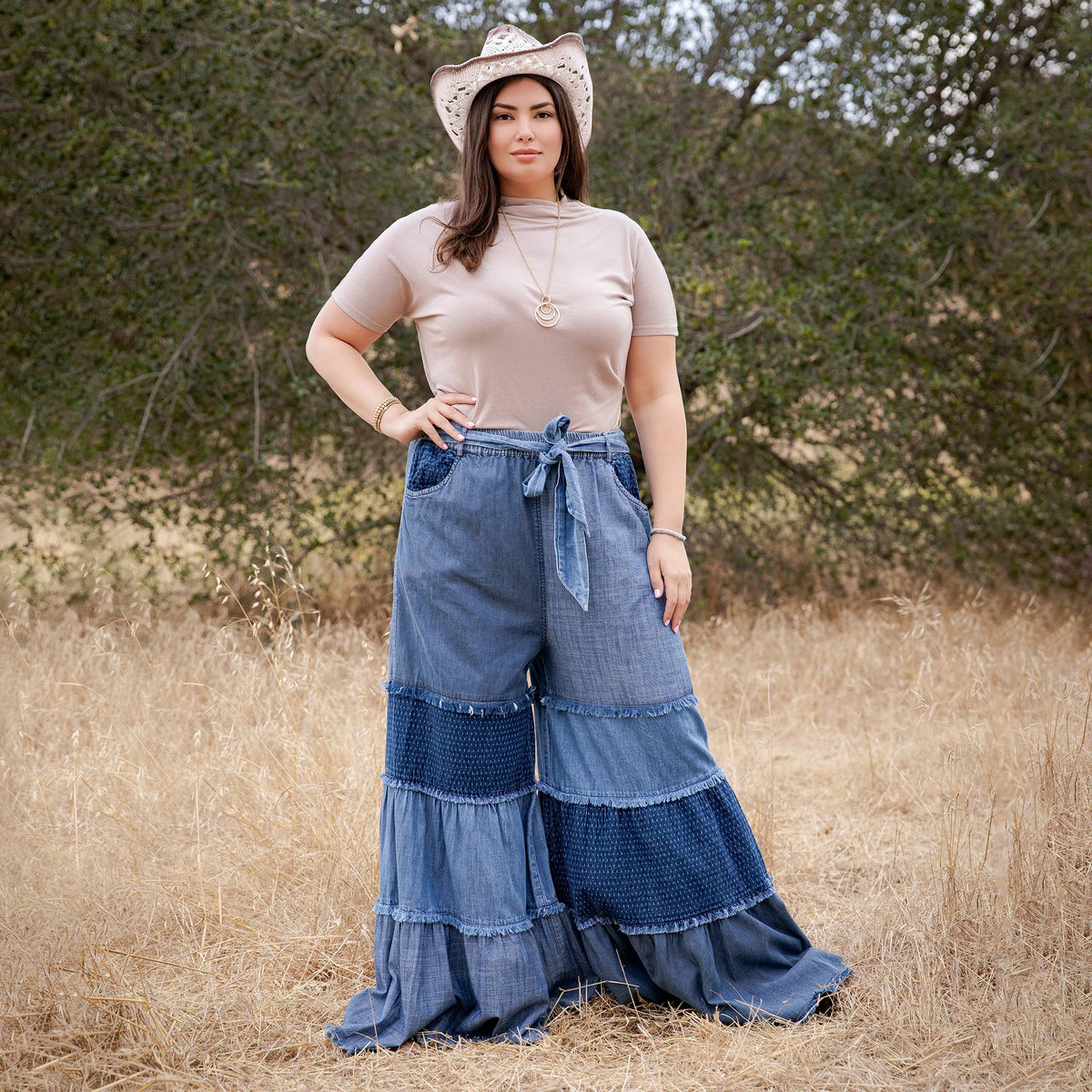 Patchwork Tiered Denim Flare Pants