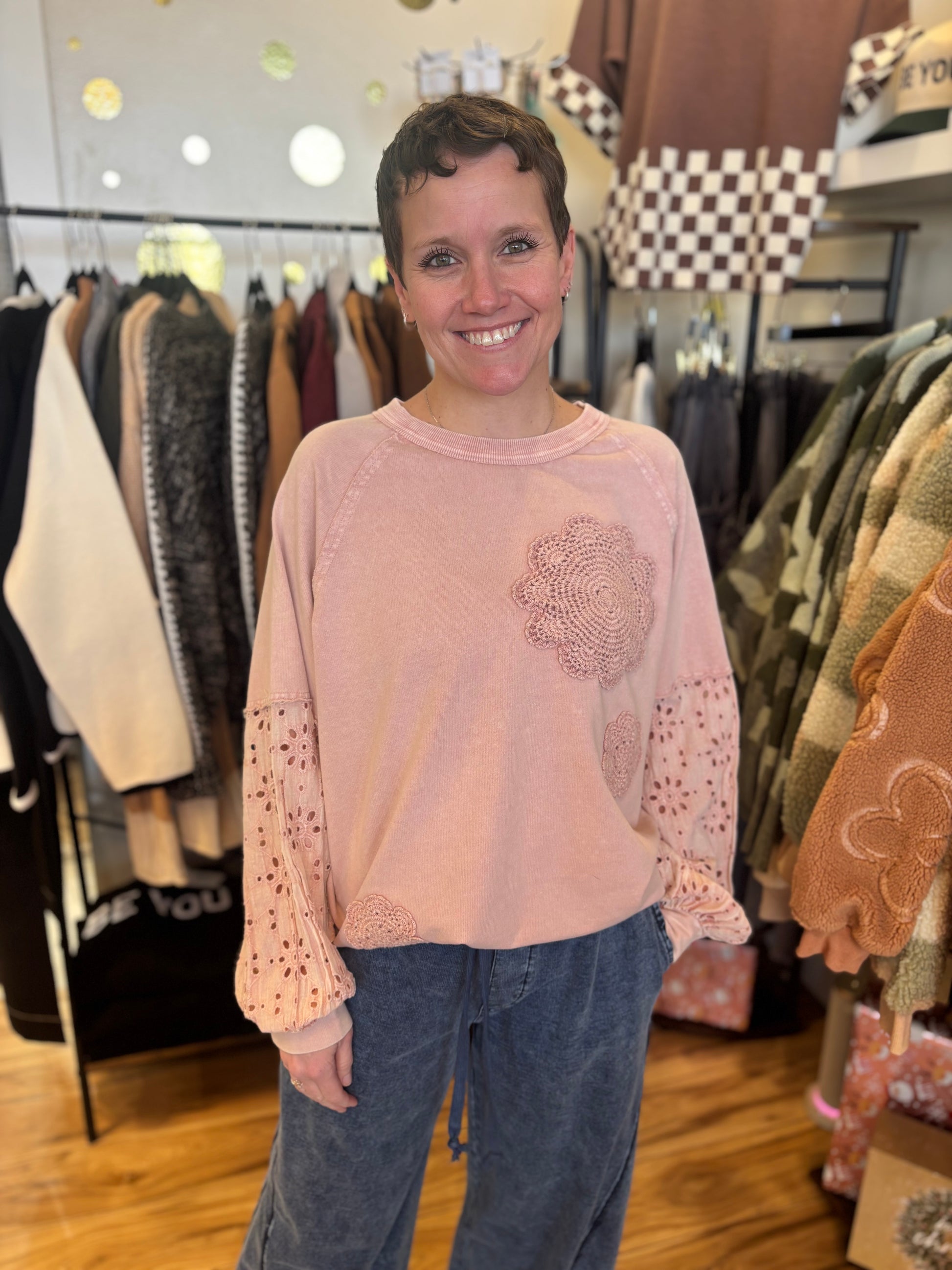Easel Bestsellers Cotton Long Sleeve Meadow Stitch Top