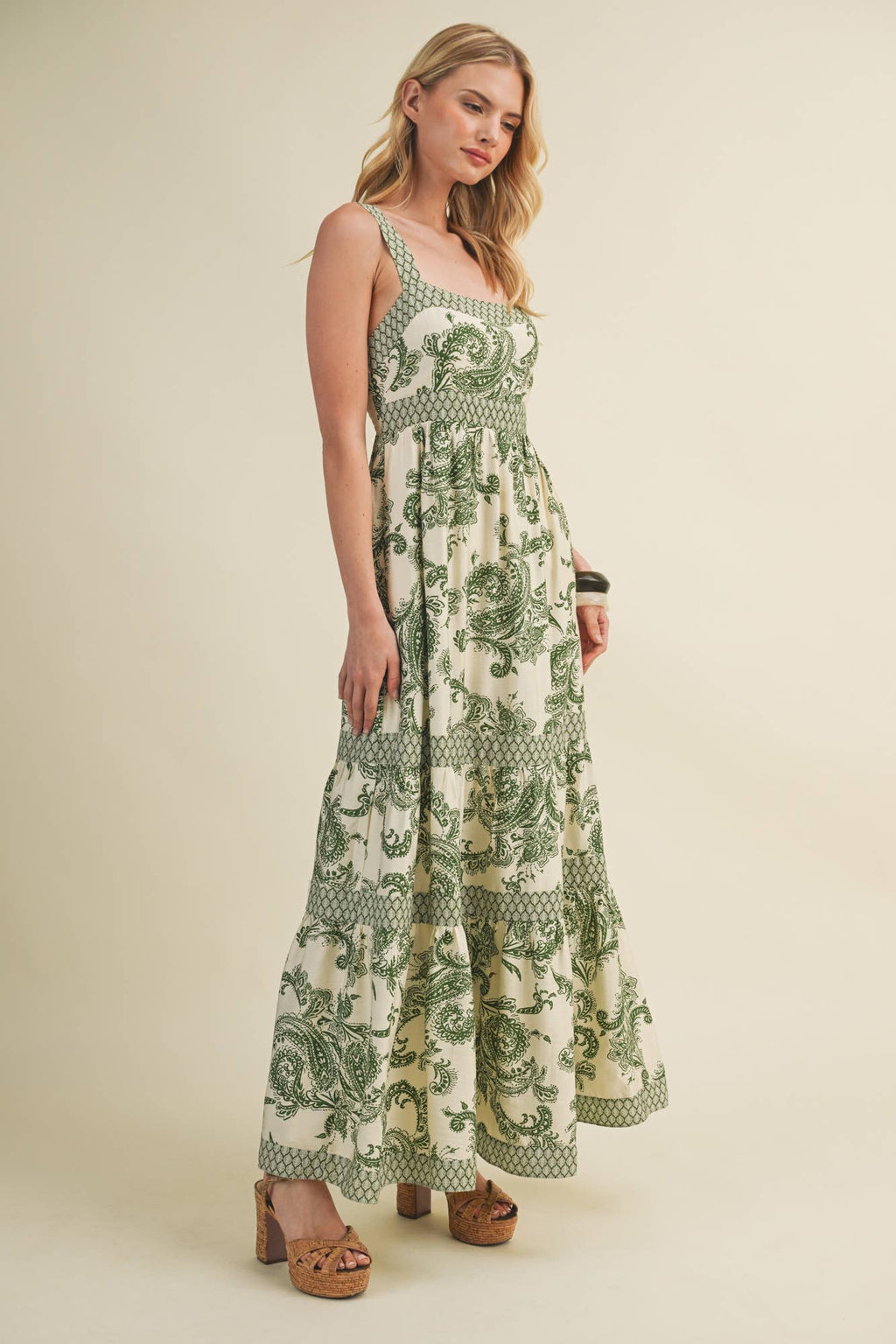Banded Paisley Print Tiered Maxi Dress