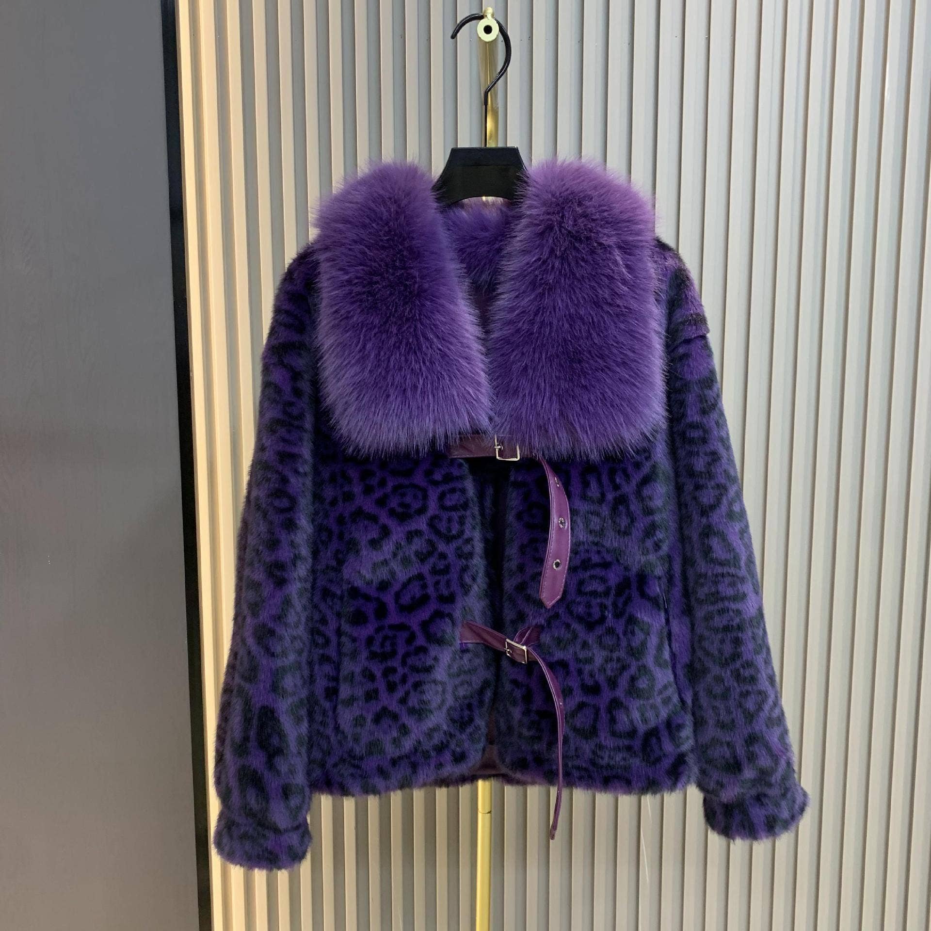 Leopard Print Buckled Faux Fur Jacket