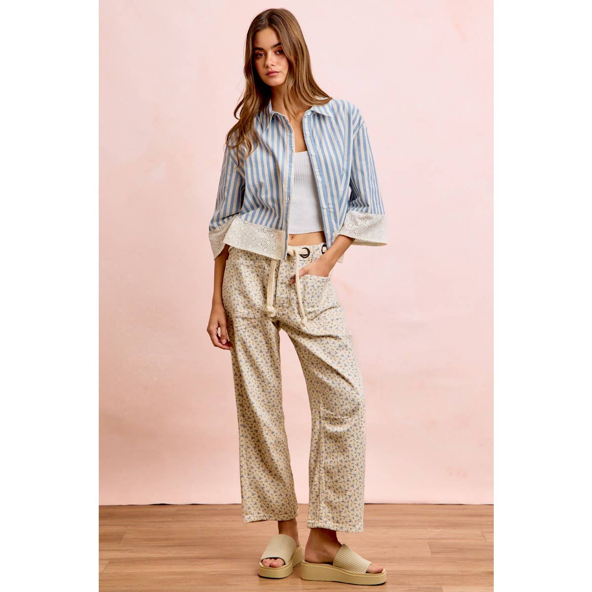 BRAIDED WAIST BELT PATCH POCKETS FLORAL PRINT PANT