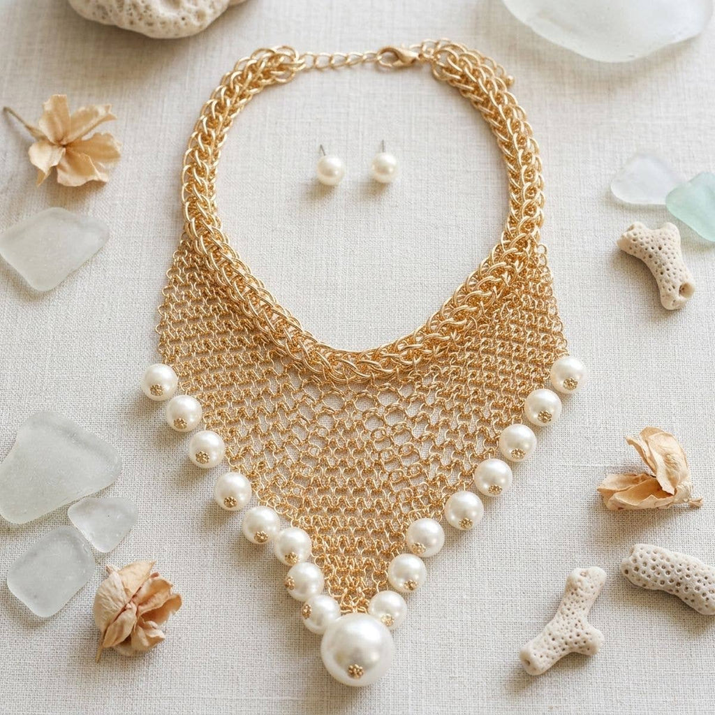 Gold Mesh Pearl Bib Necklace with Chain Fringe