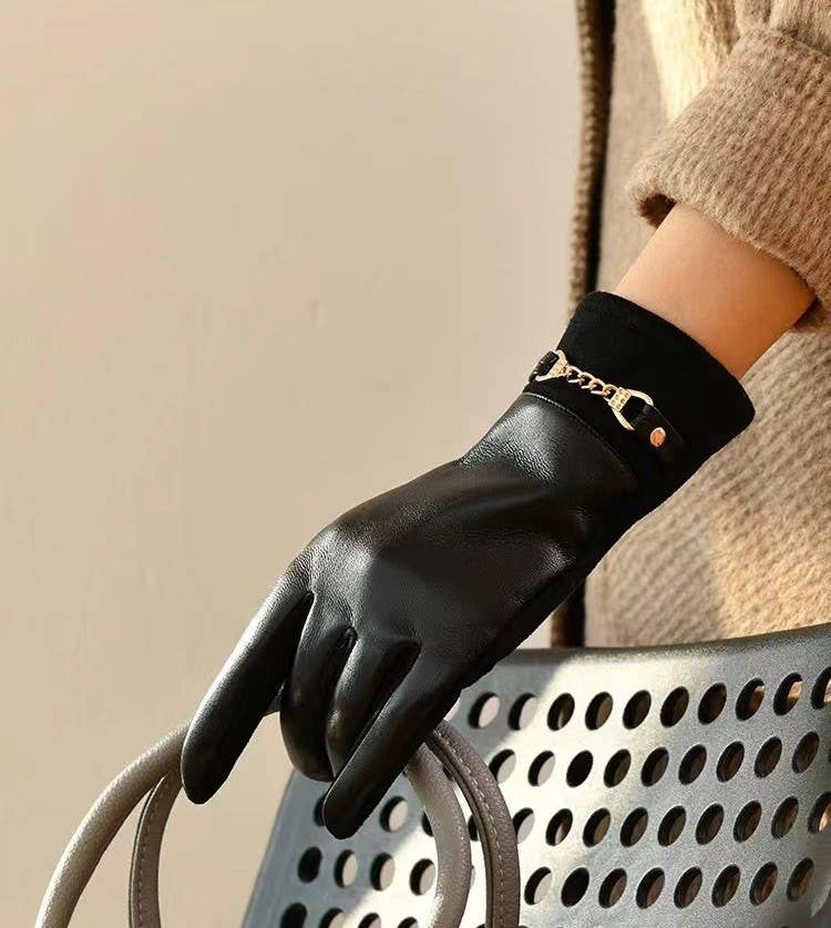 Gold Chain Detail Faux Leather Gloves