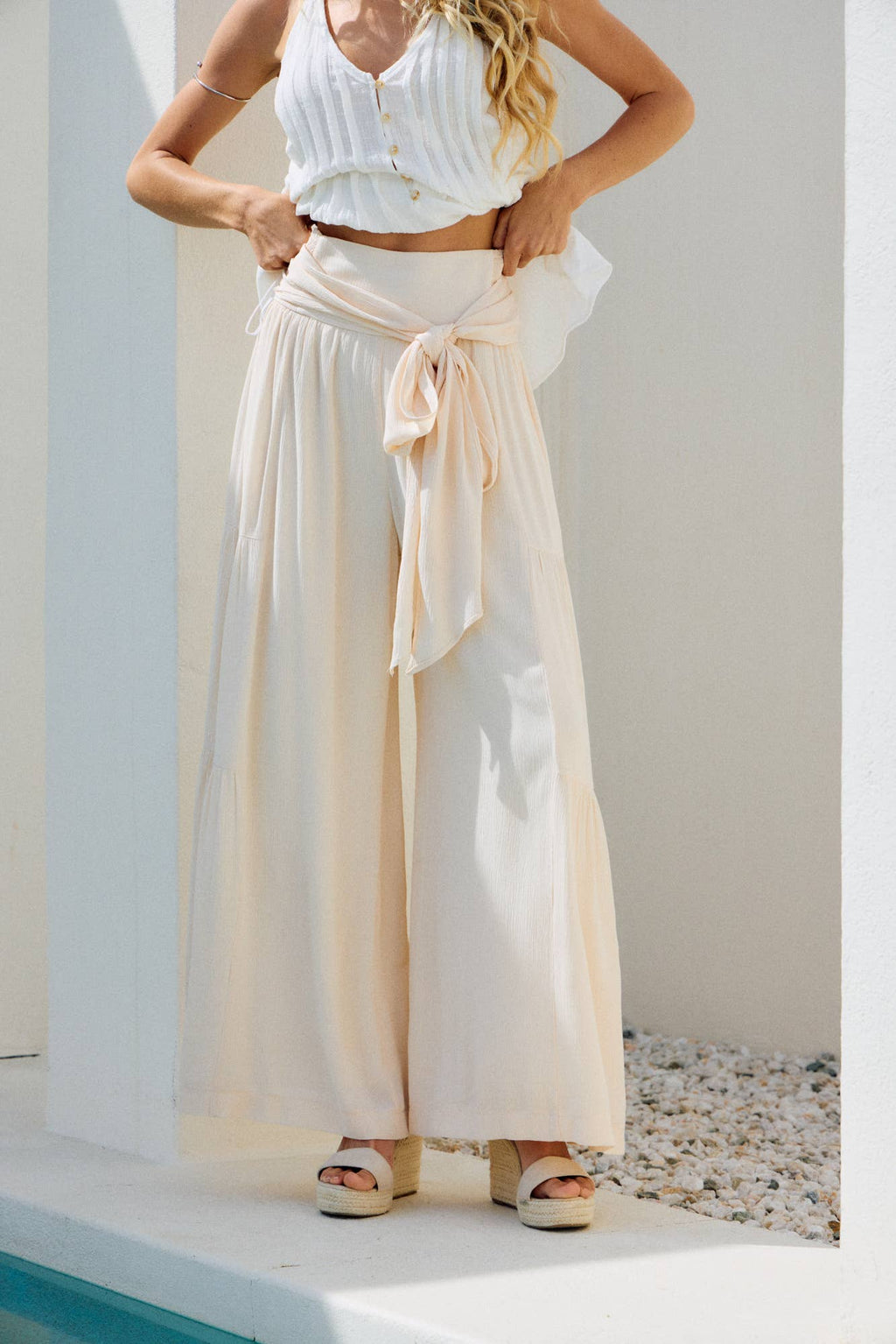 Smocked Tie-Waist Tiered Palazzo Pant