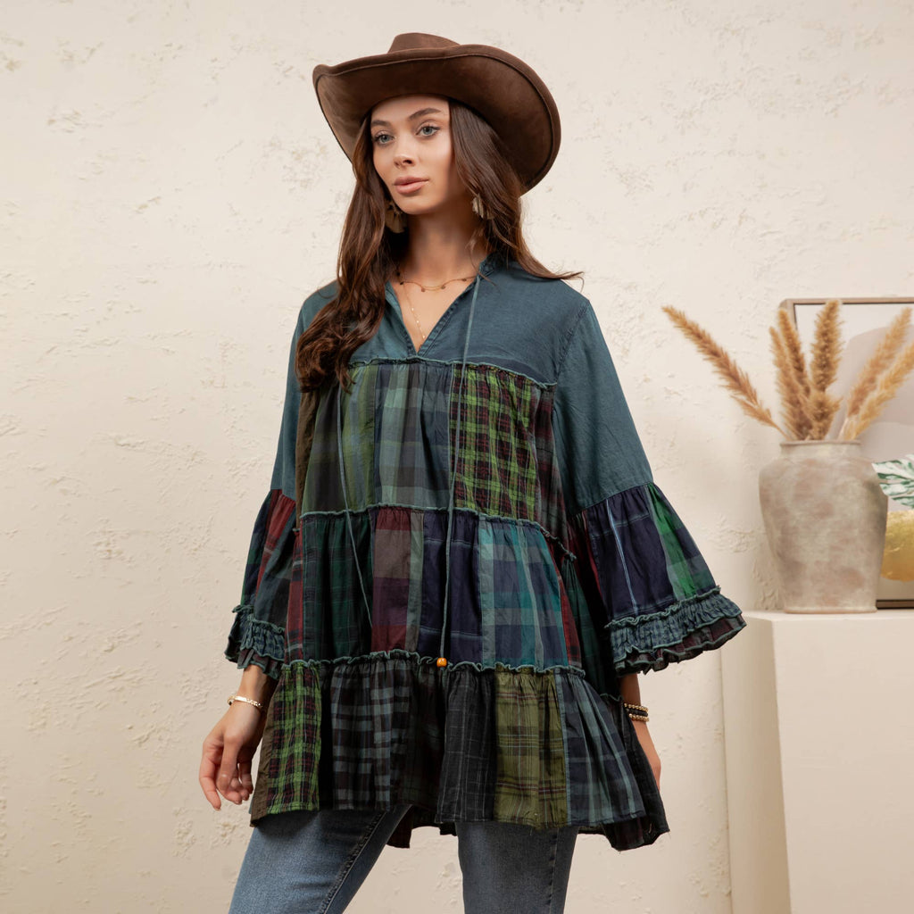 Boho Tiered Plaid Denim Patchwork Tunic -Bell Sleeve Top NEW