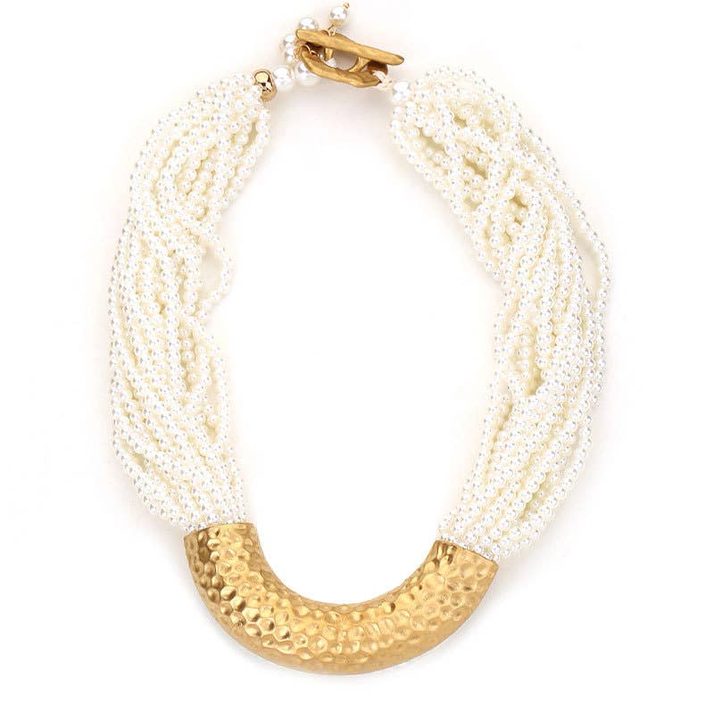 Perlies & Textured Gold Arc Necklace in Ivory