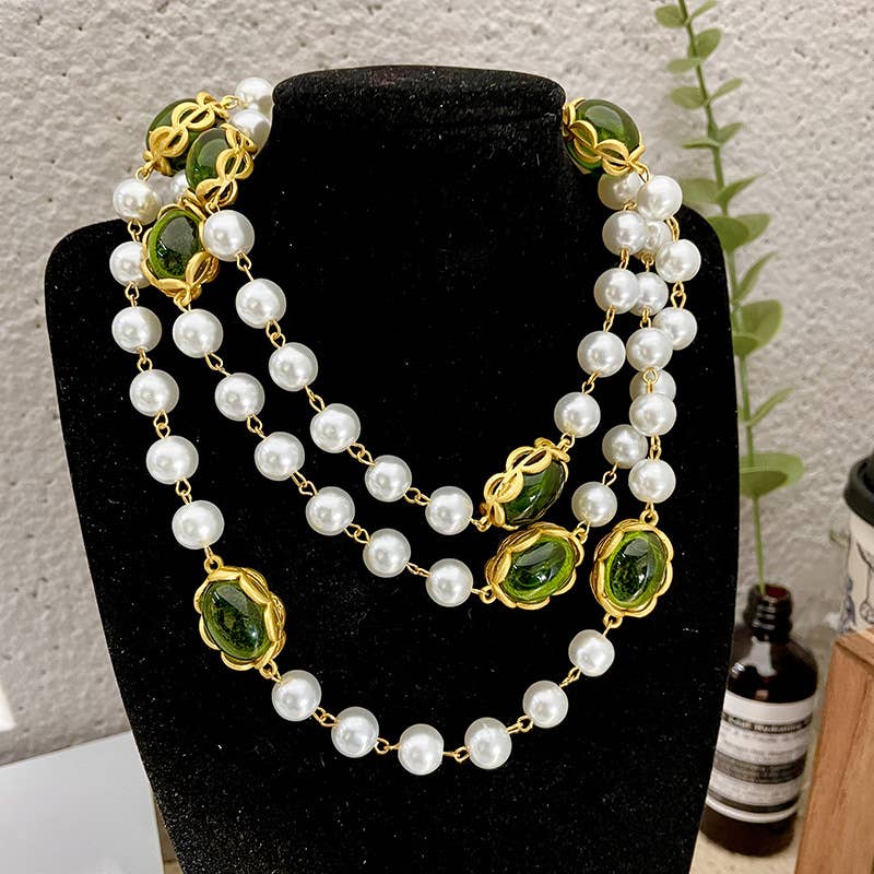 Layered Pearlies Necklace with Emerald Green Accents