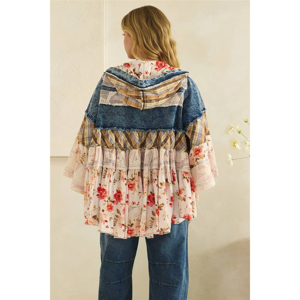 BOHO RUFFLE HOODED LACE DENIM  AND FLORAL PRINT MIX JACKET