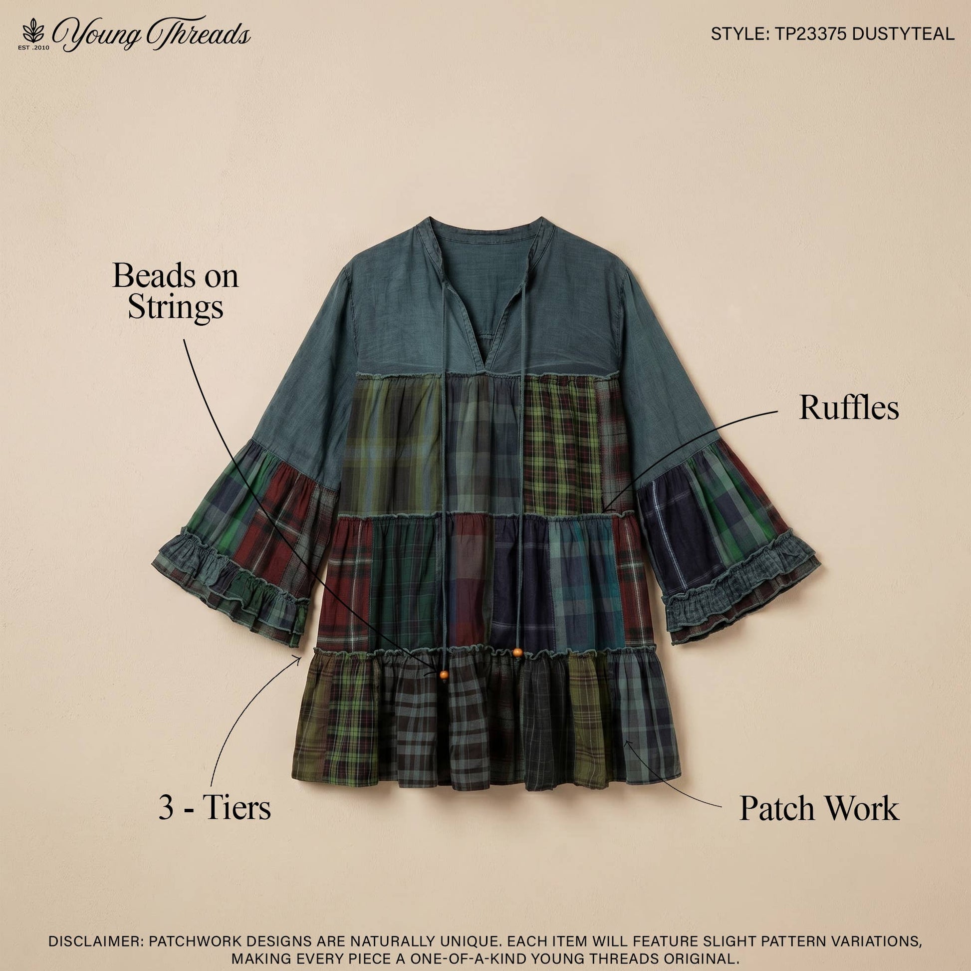 Boho Tiered Plaid Denim Patchwork Tunic -Bell Sleeve Top NEW