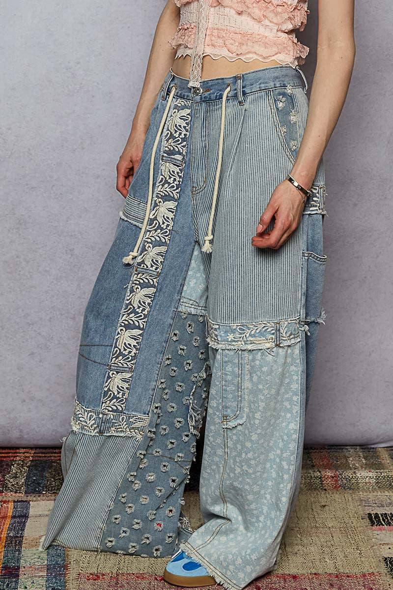 POL Lace-Overlay Detailed Denim Woven Pants
