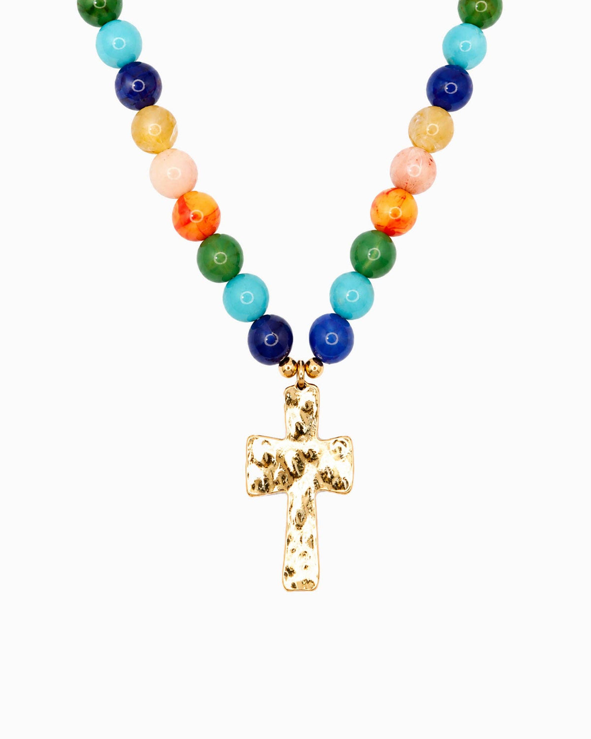 Hammered Cross Pendant Beaded Statement Necklace - 5 Color