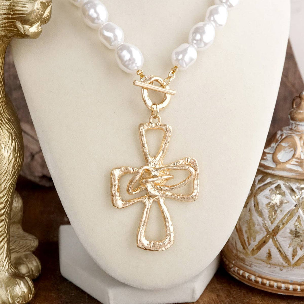 Pearl Cross Necklace – Gold tone - Wrapped Grace