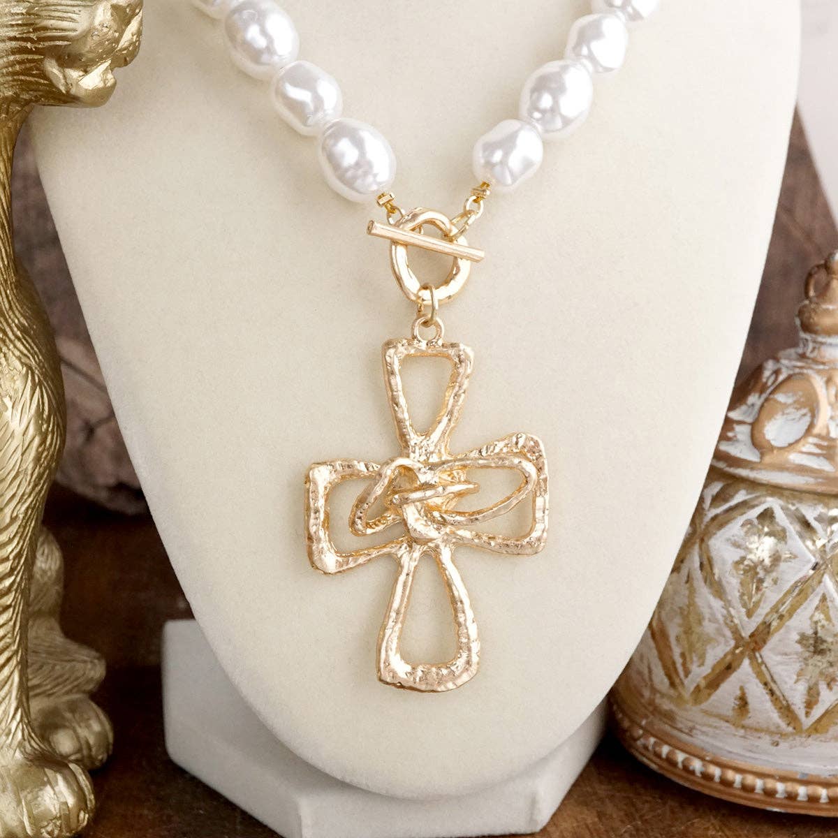 Pearl Cross Necklace – Gold tone - Wrapped Grace