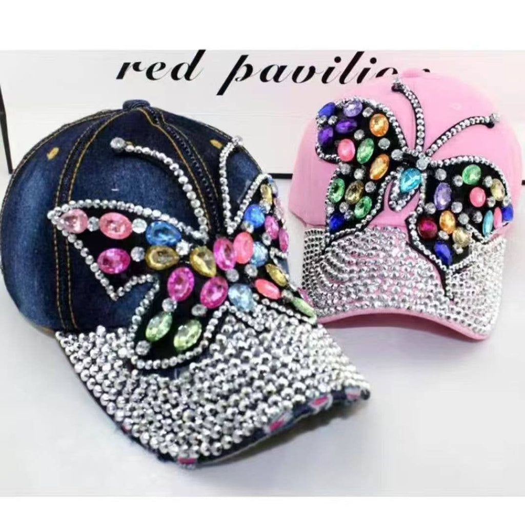 Denim Cap with Large Crystal Butterfly Accent in Black