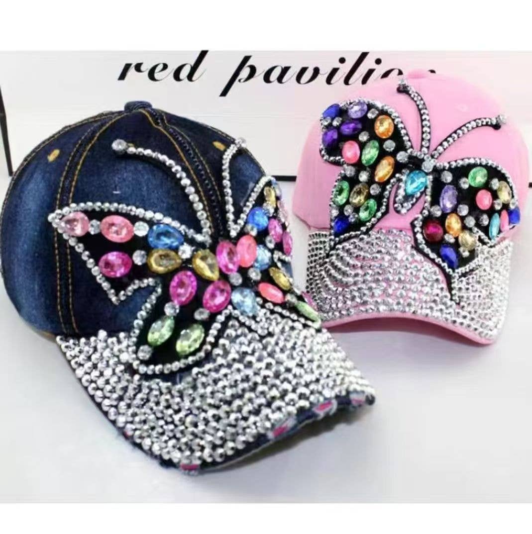 Denim Cap with Large Crystal Butterfly Accent in Black