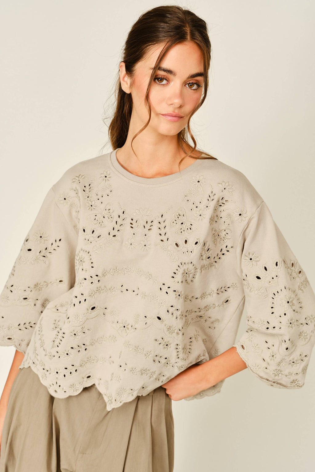 Terry Eyelet Short-Sleeve Sweatshirt