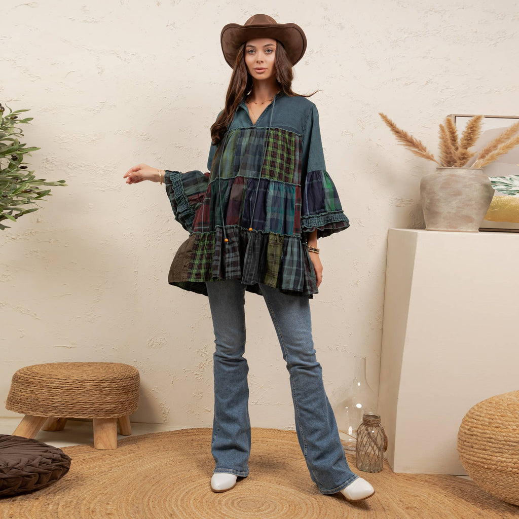 Boho Tiered Plaid Denim Patchwork Tunic -Bell Sleeve Top NEW