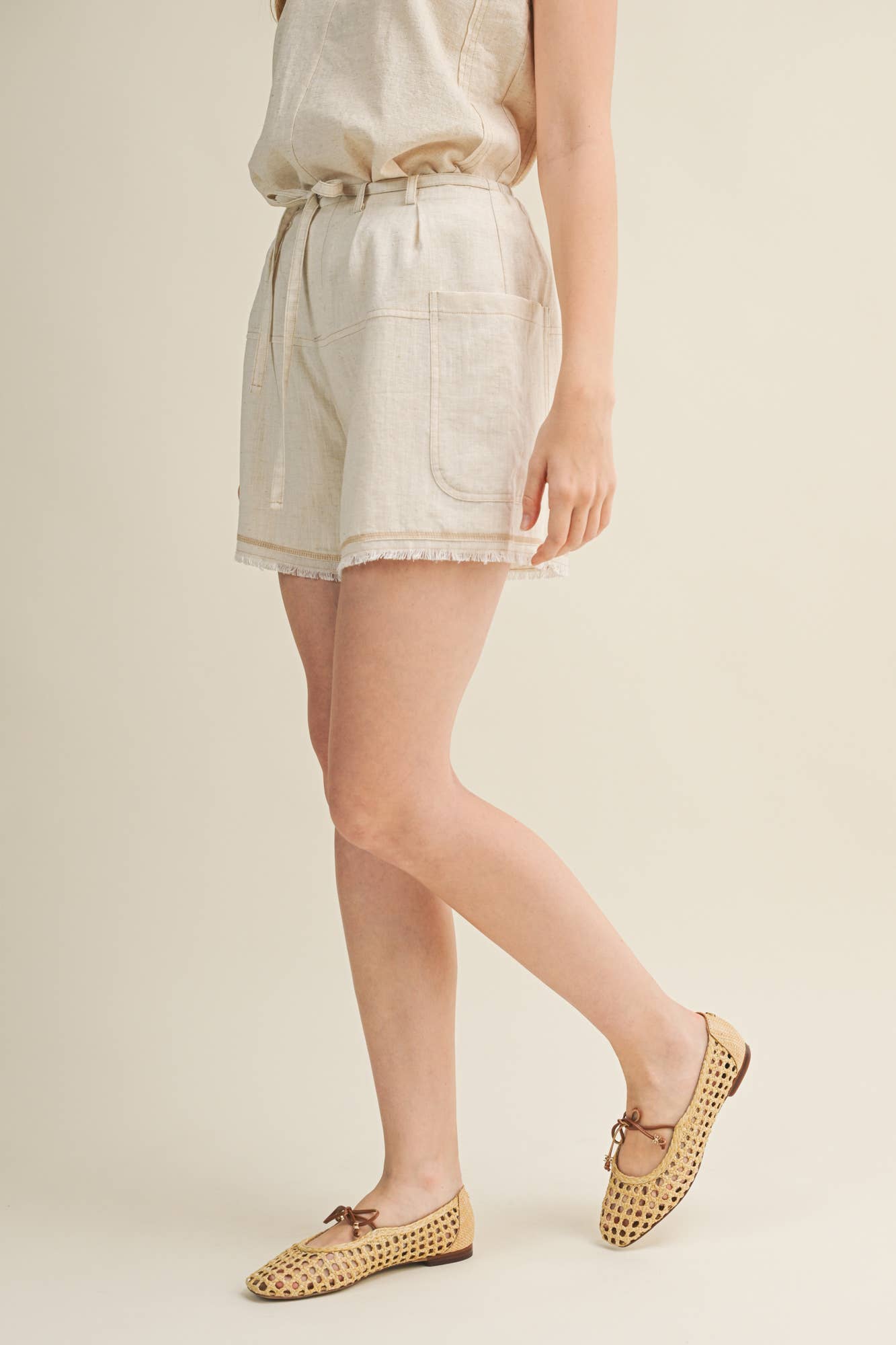 High-Waist Drawstring Frayed Trim Shorts
