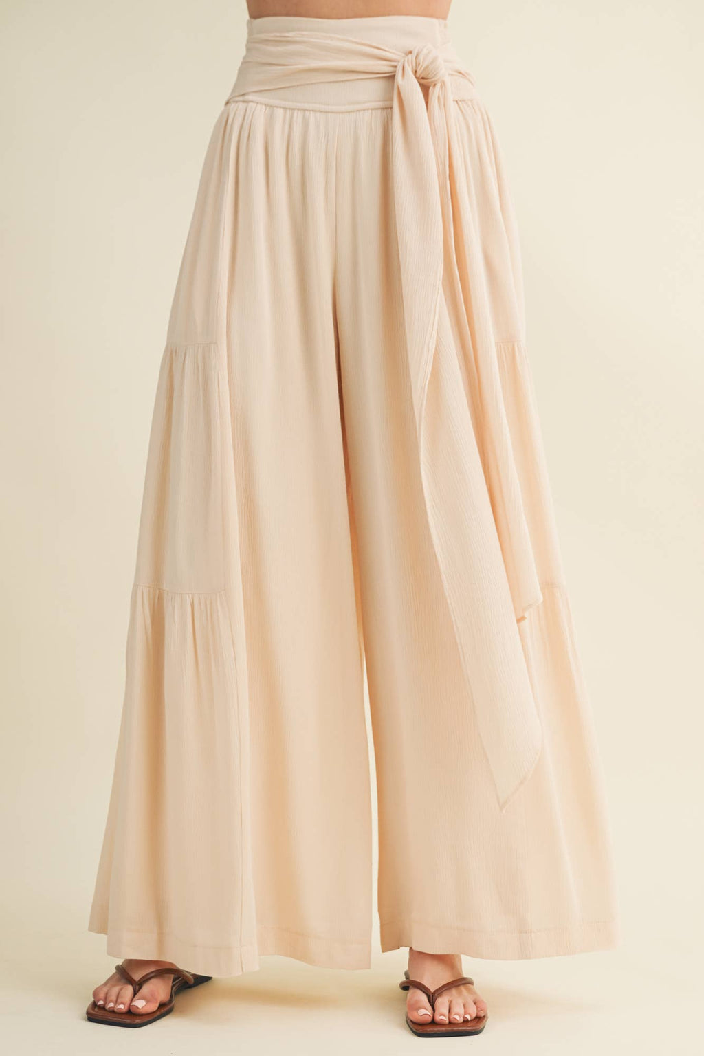 Smocked Tie-Waist Tiered Palazzo Pant
