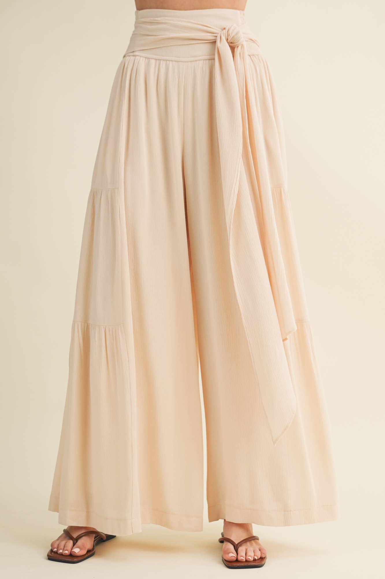 Smocked Tie-Waist Tiered Palazzo Pant