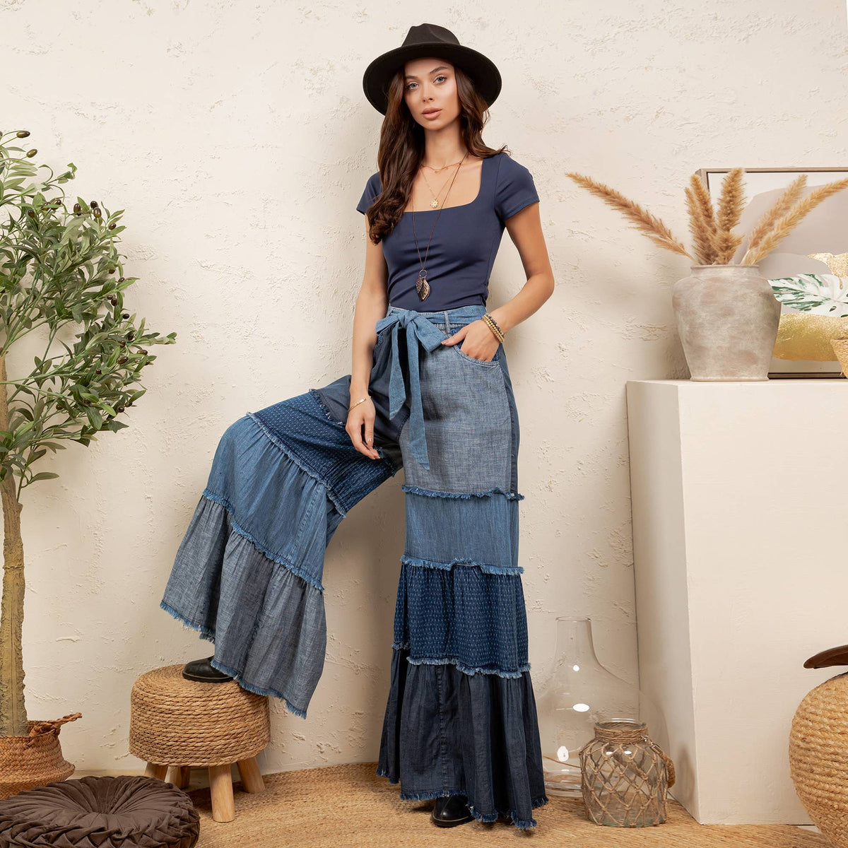 Patchwork Tiered Denim Flare Pants