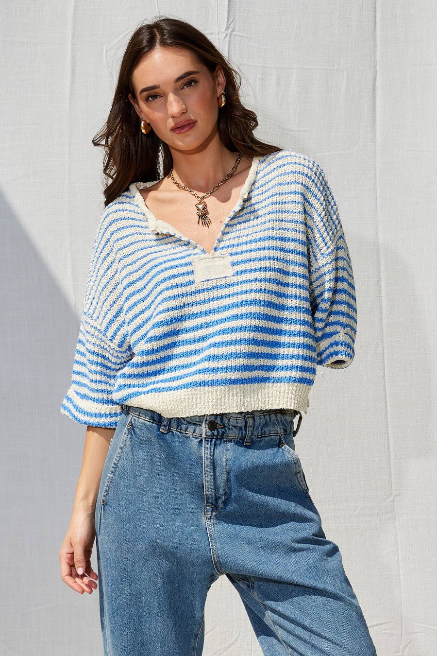 Lightweight Striped Slouchy Sweater w/ V-Neckline