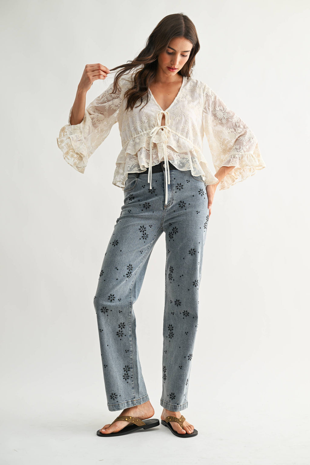 Boho Embroidered Sheer Blouse Flowy Bell Sleeves