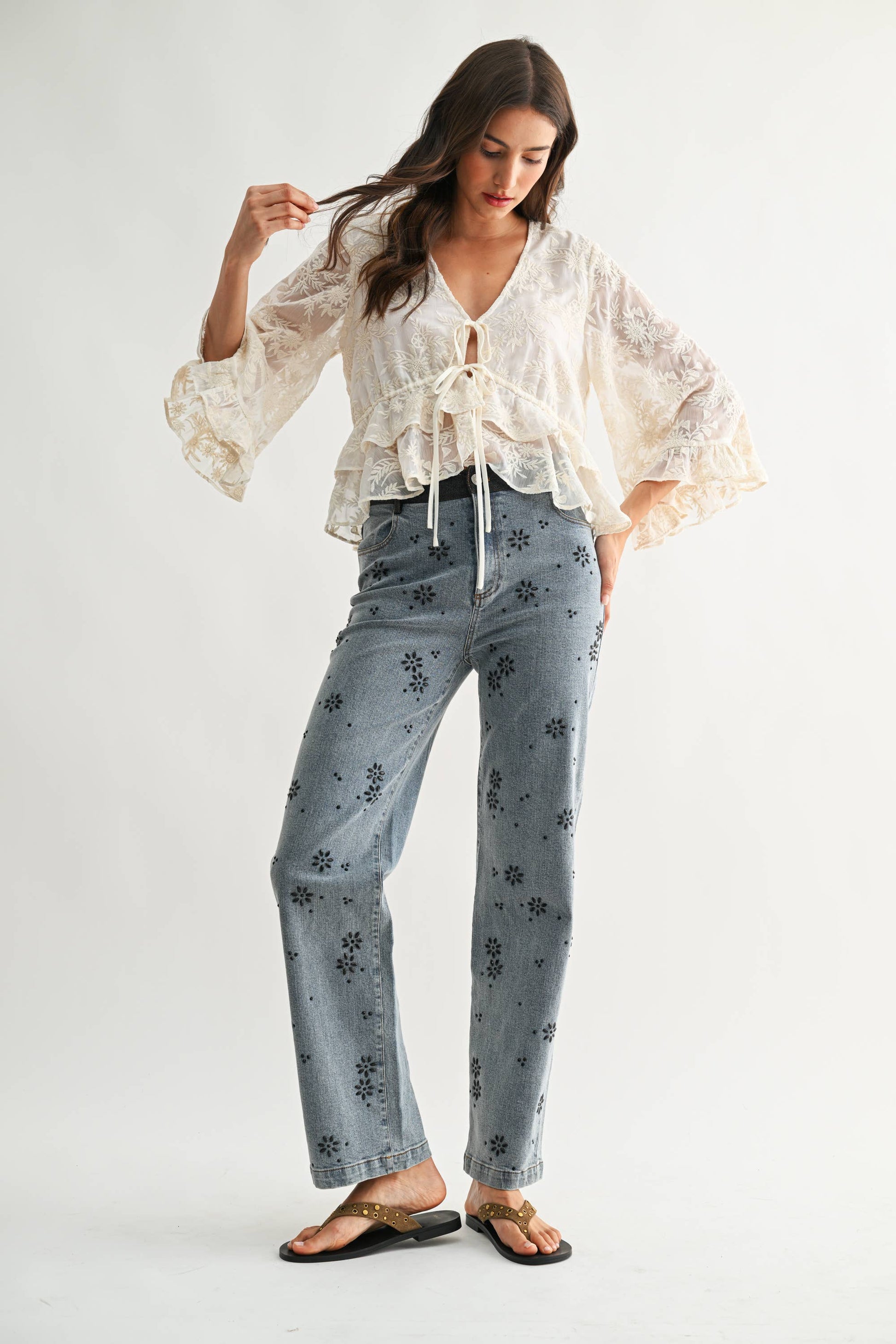 Boho Embroidered Sheer Blouse Flowy Bell Sleeves