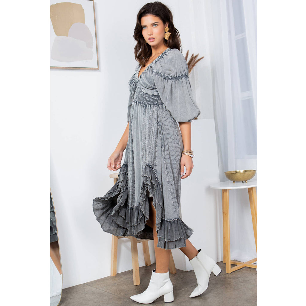 Mid-Length Sheared & Elasticated V-Neck Dress