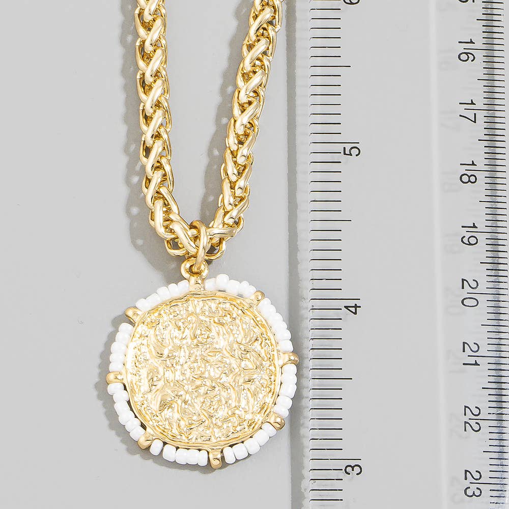 Hammered Coin Pendant Necklace With Seed Bead Rim