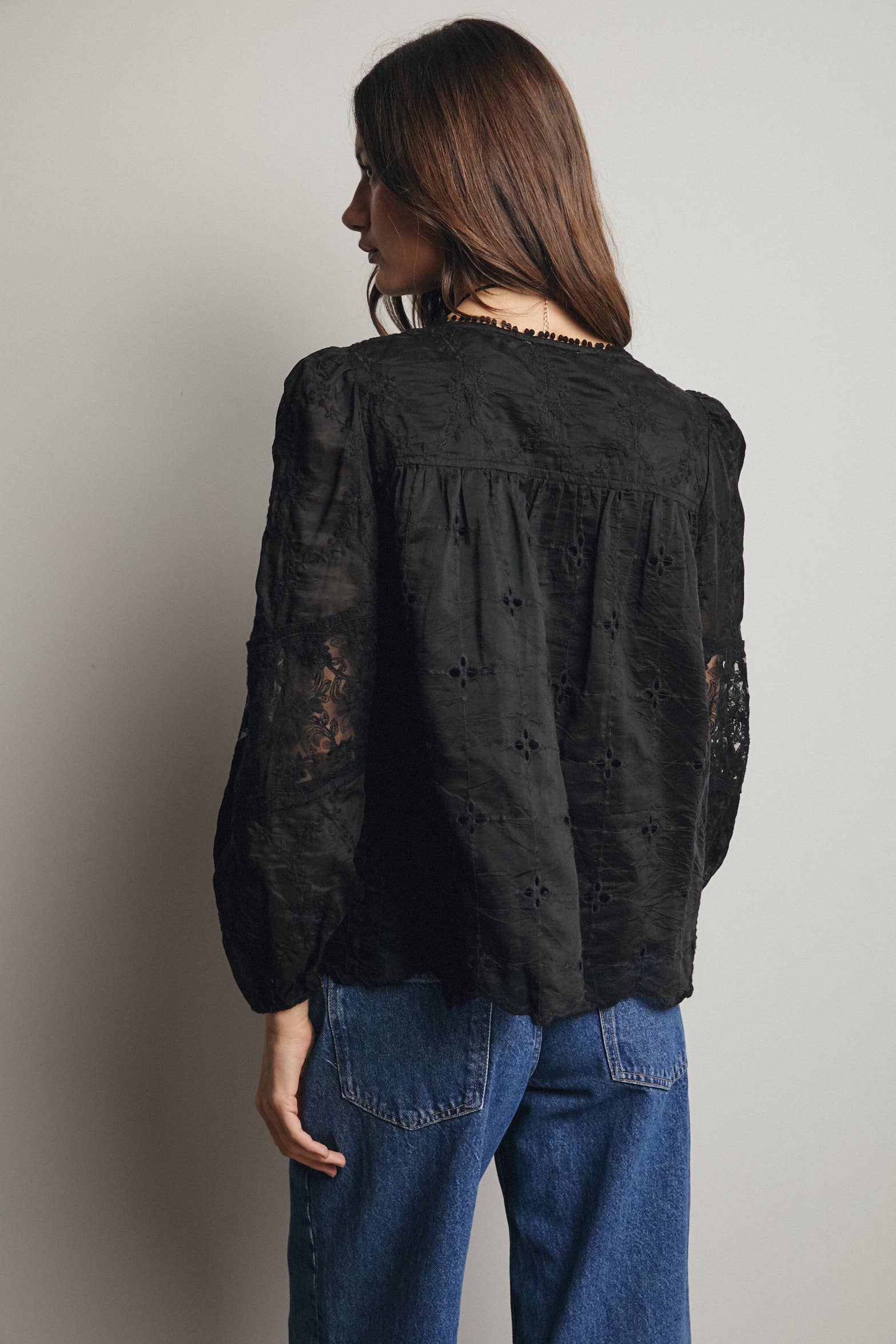 Embroidered Lace Puff Sleeve Blouse