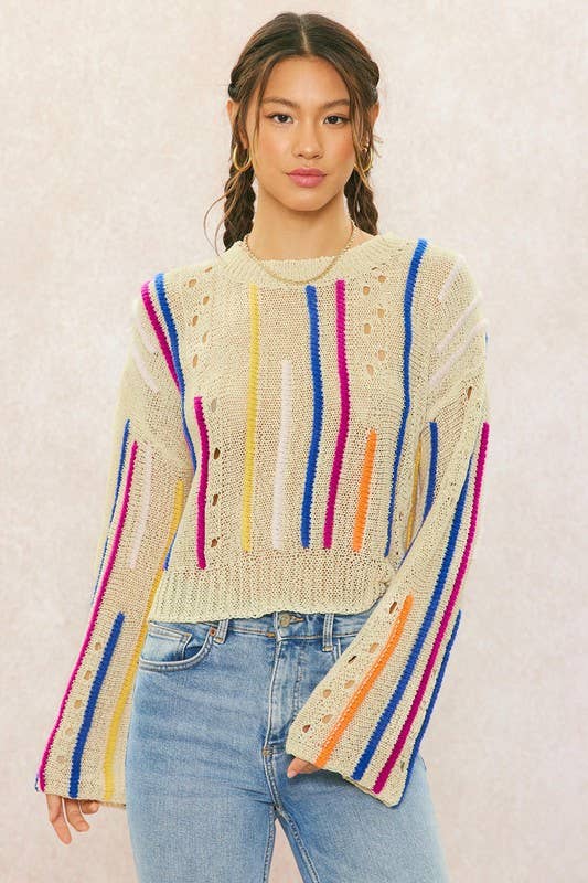 Rainbow Stitch Bell Sleeve Sweater