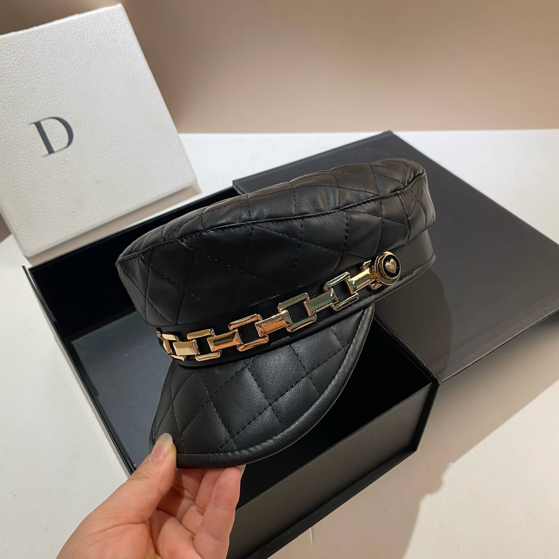 Quilted Leather Chain Detail Hat