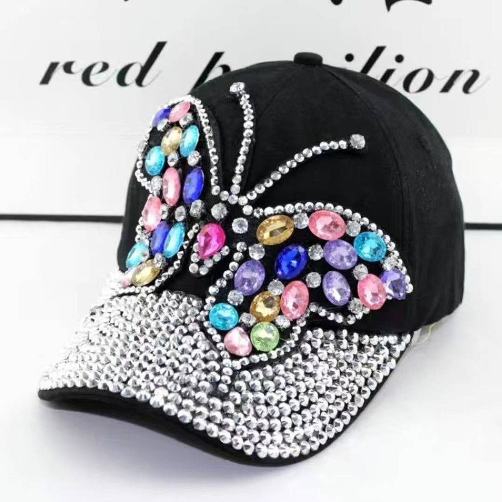 Denim Cap with Large Crystal Butterfly Accent in Black