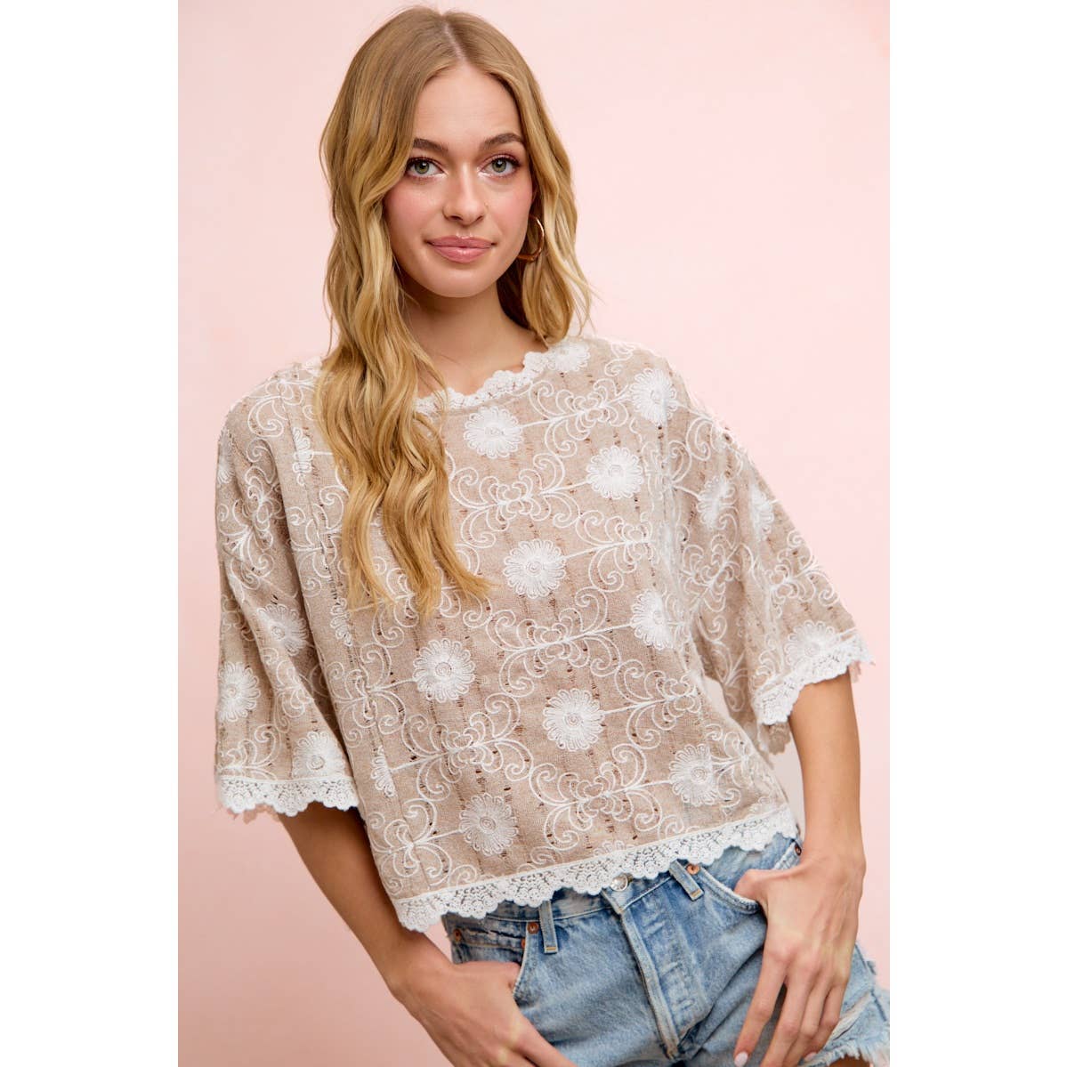 Flower Embroidery and Lace Boho Casual Short Sleeve Top