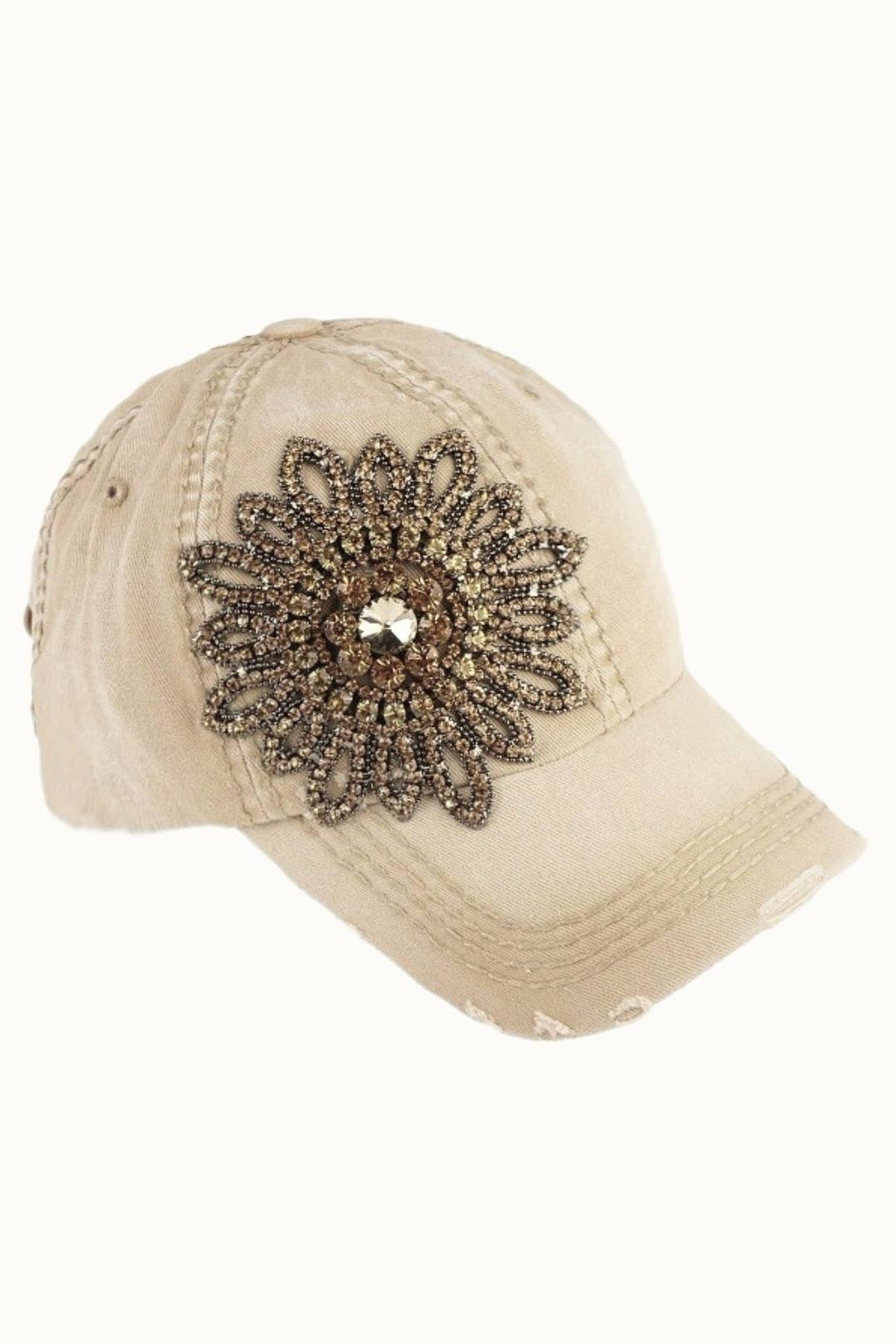 Sunflower Bejeweled Glitz Distressed Cap, Adjustable