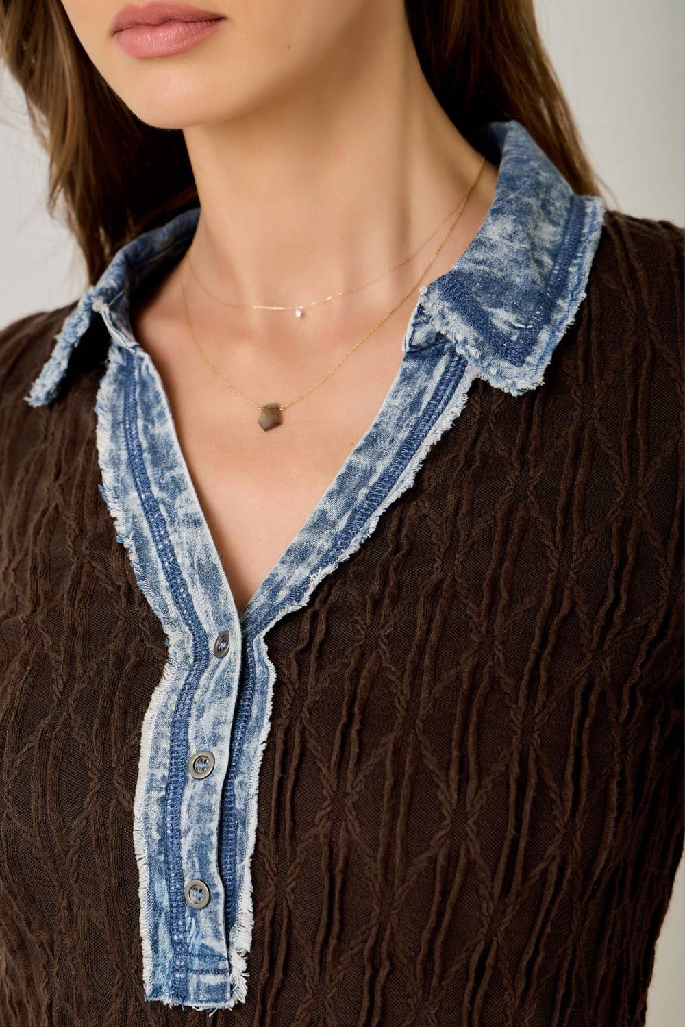 Denim Mix Textured Knit Henley Top