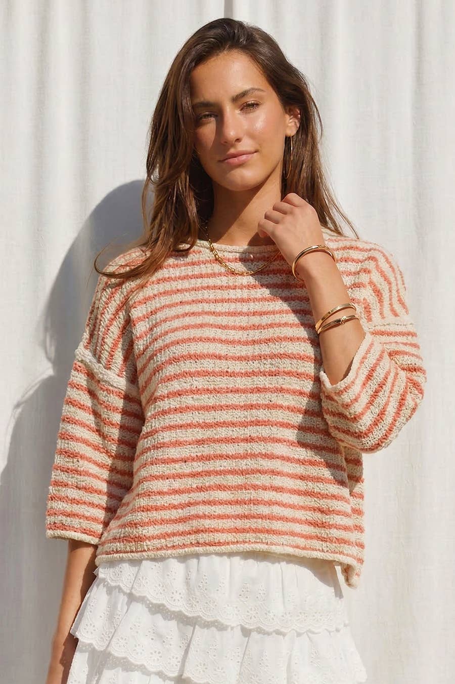 Loose Fit 3/4 Sleeve Striped Crew Neck Top