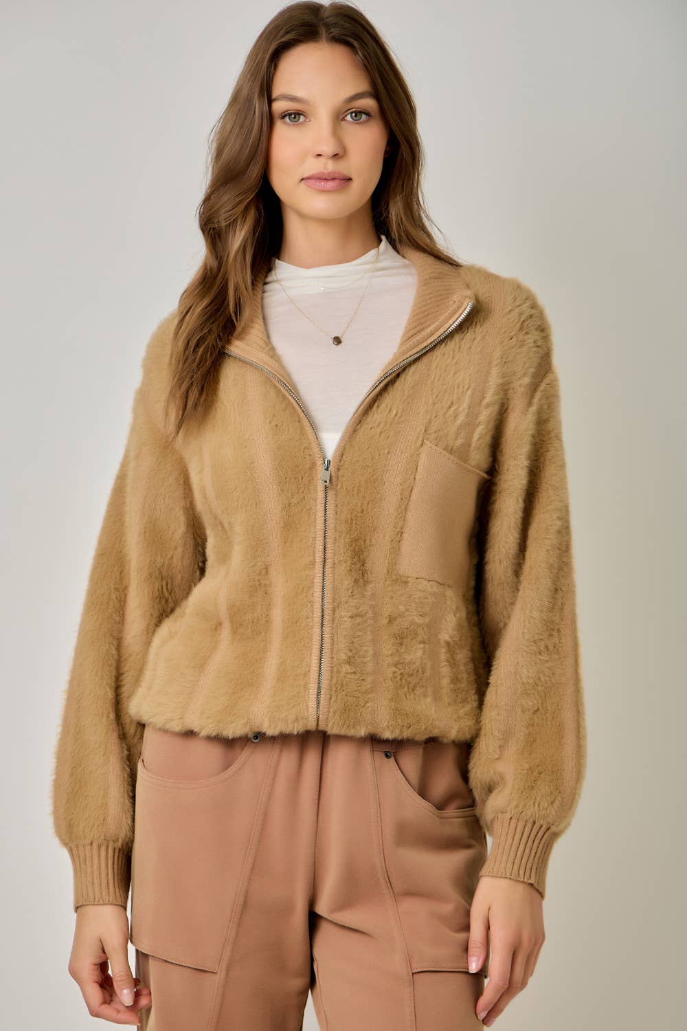 Fuzzy Zip-Up Sweater Jacket
