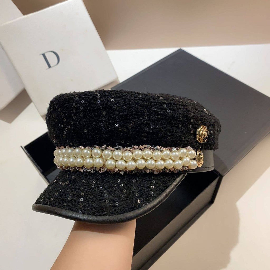 Luxury Pearl Beaded Sequin Hat in Black