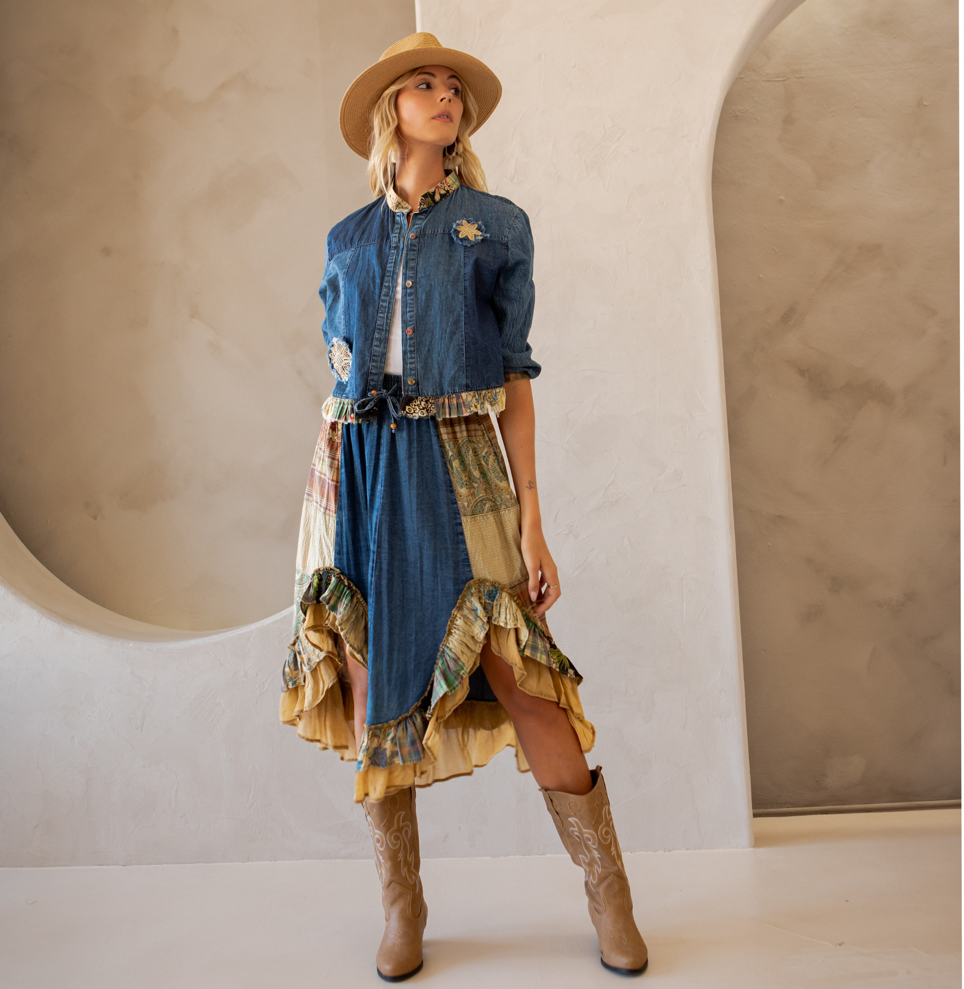 Western Boho Chic: Patchwork Cropped Denim Jacket Denim / Medium