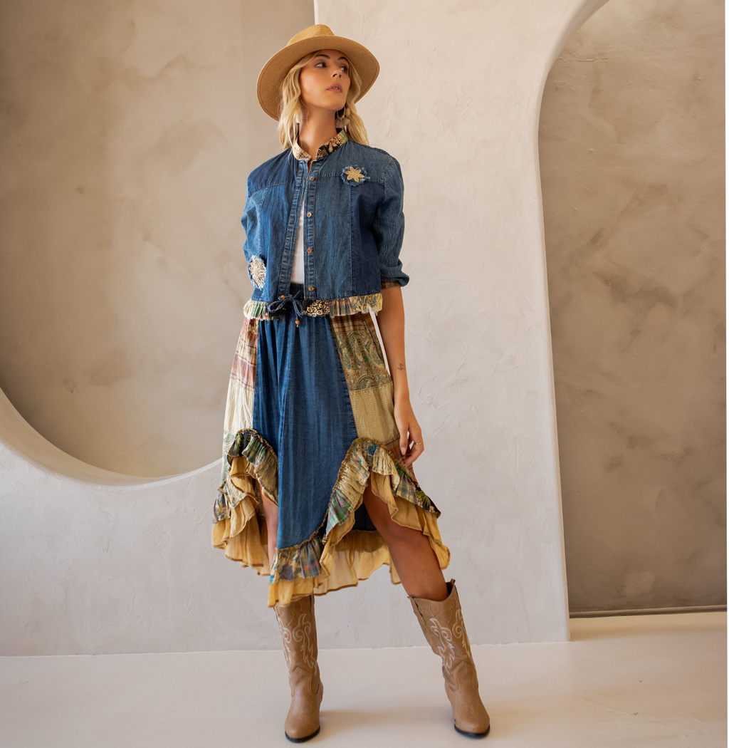 Western Boho Chic: Patchwork Cropped Denim Jacket
