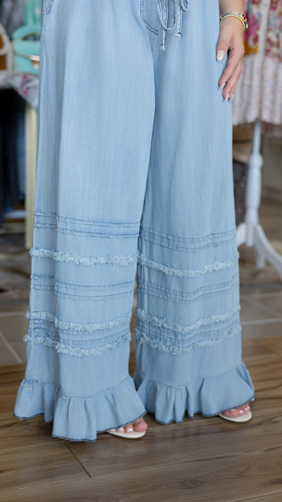 Easel Ella Ruffle Bottom Chambray Pants