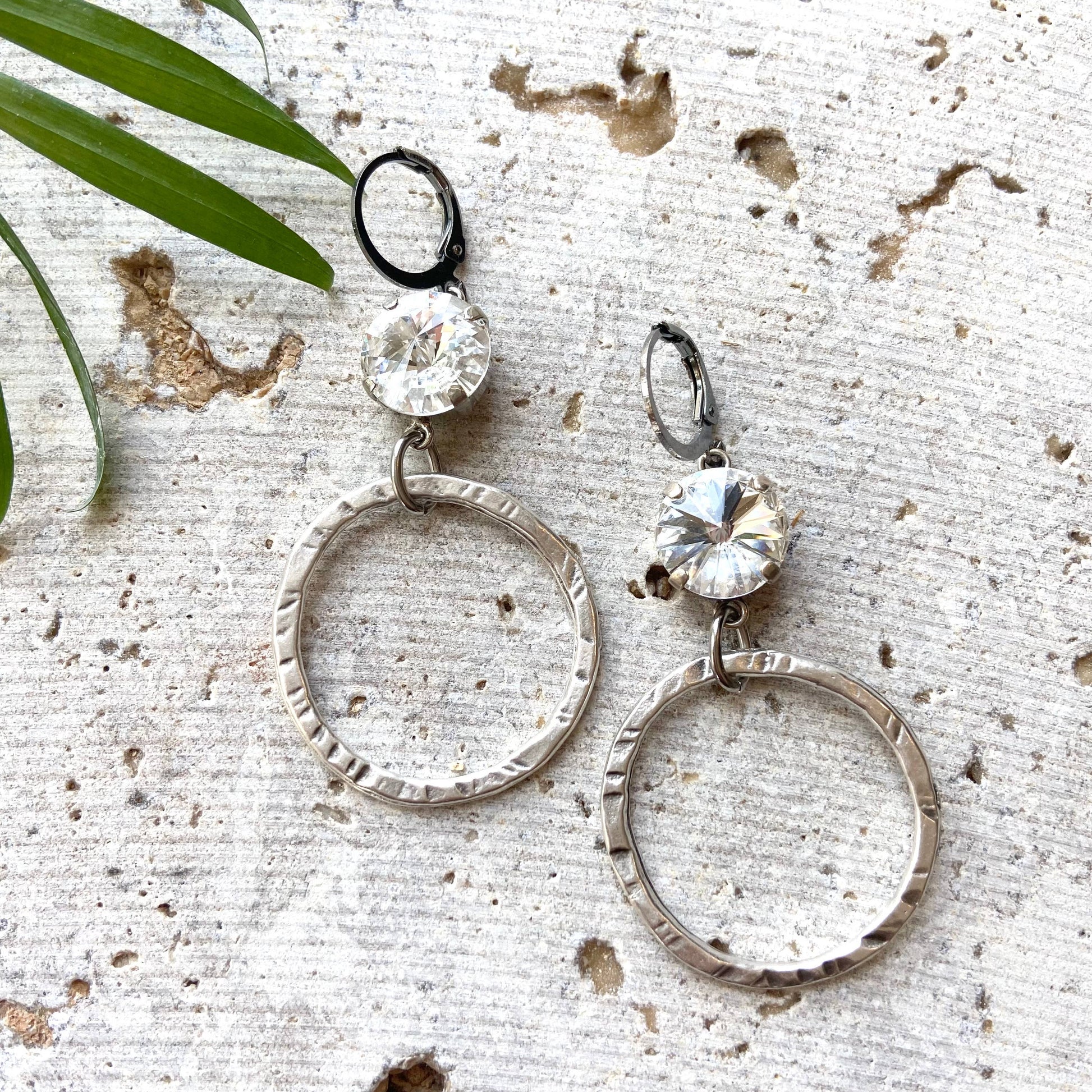 Swarovski Crystal Earrings - Hammered Silver Circles