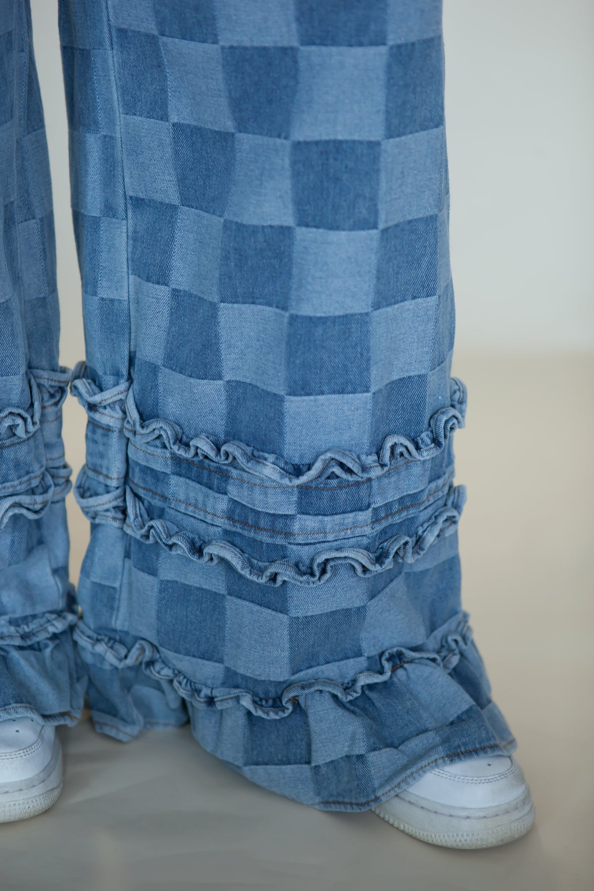 Stevie Checkered Ruffle Wide Leg Jeans