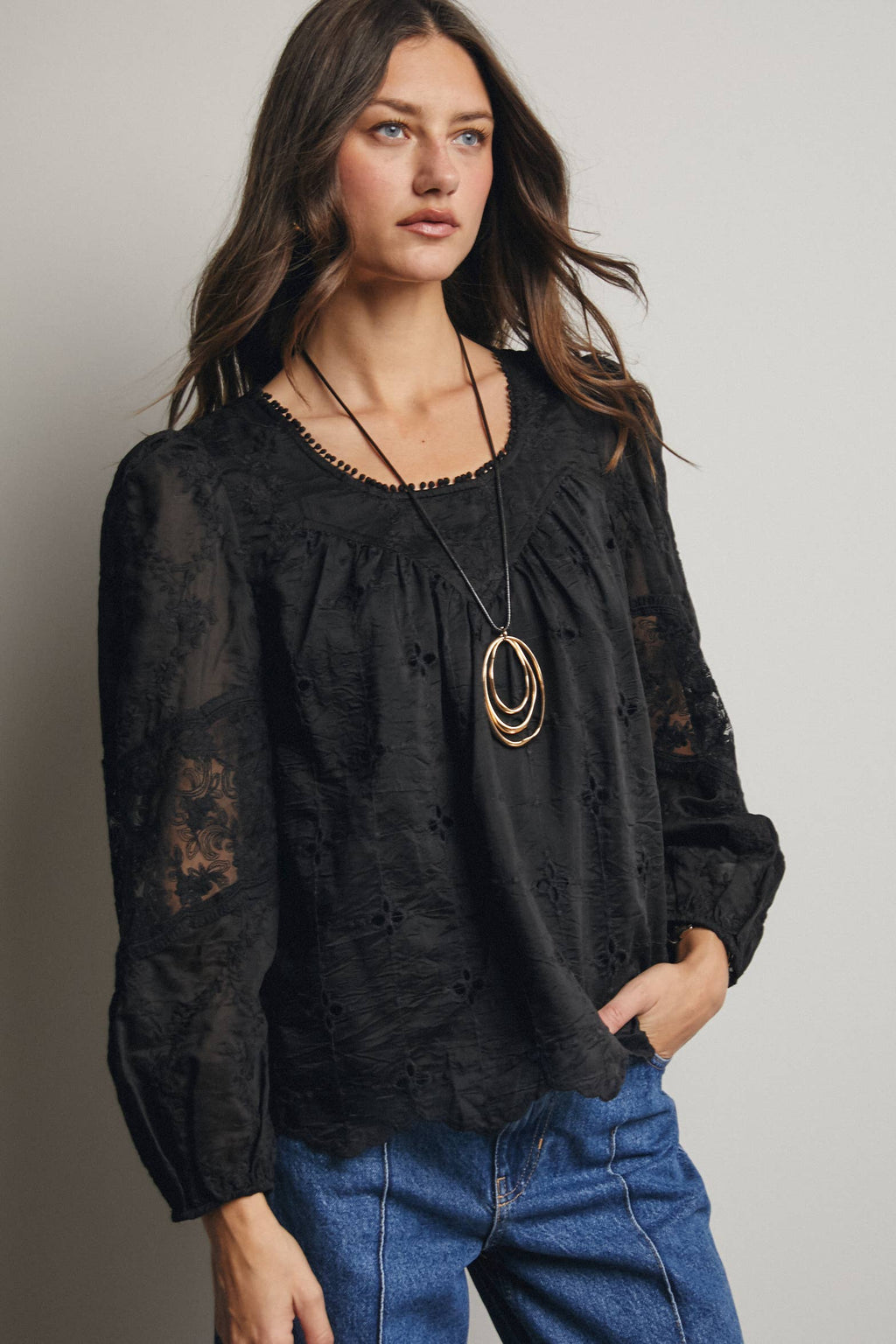 Embroidered Lace Puff Sleeve Blouse