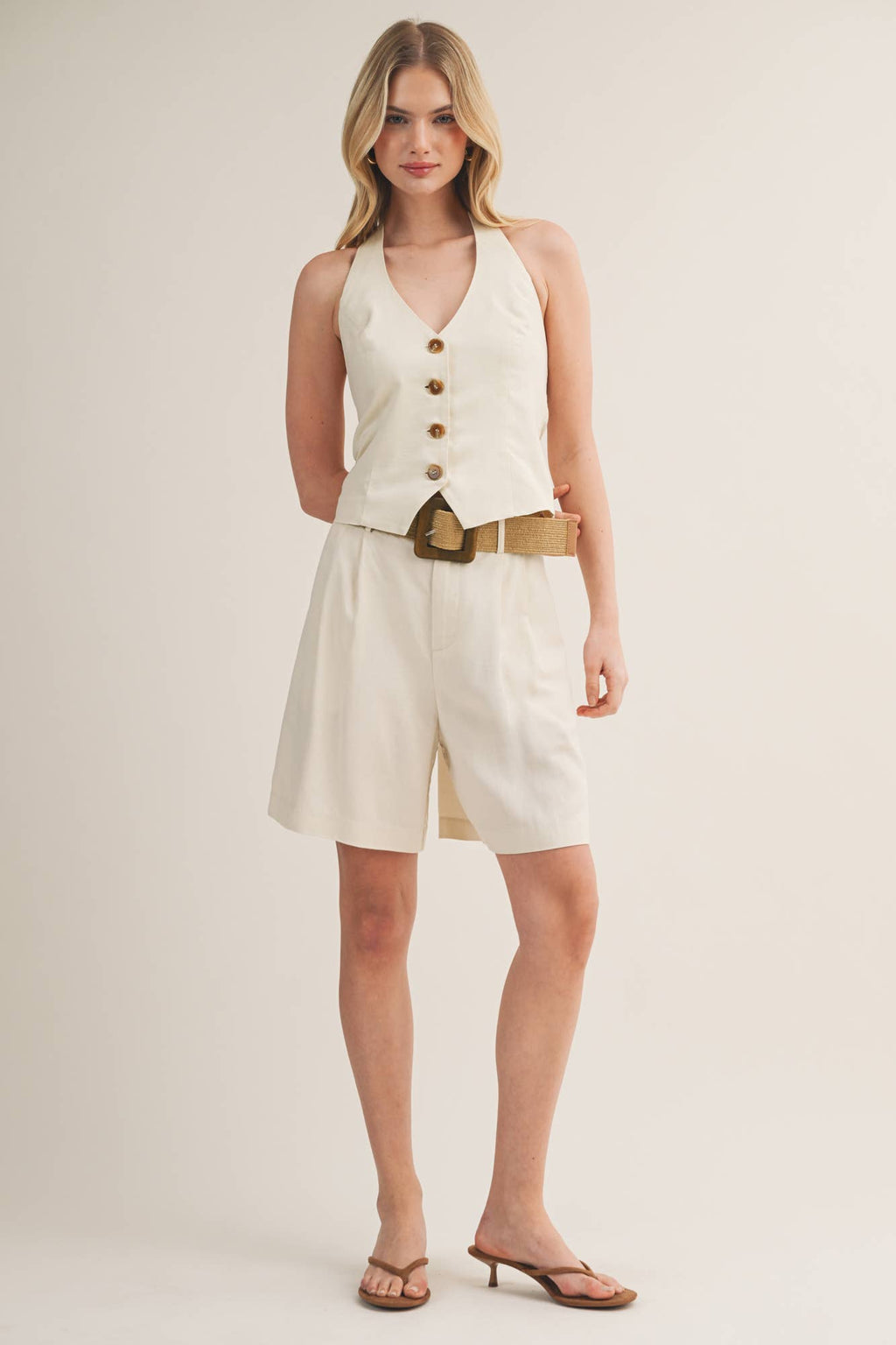 V-Neck Button Front Halter Vest