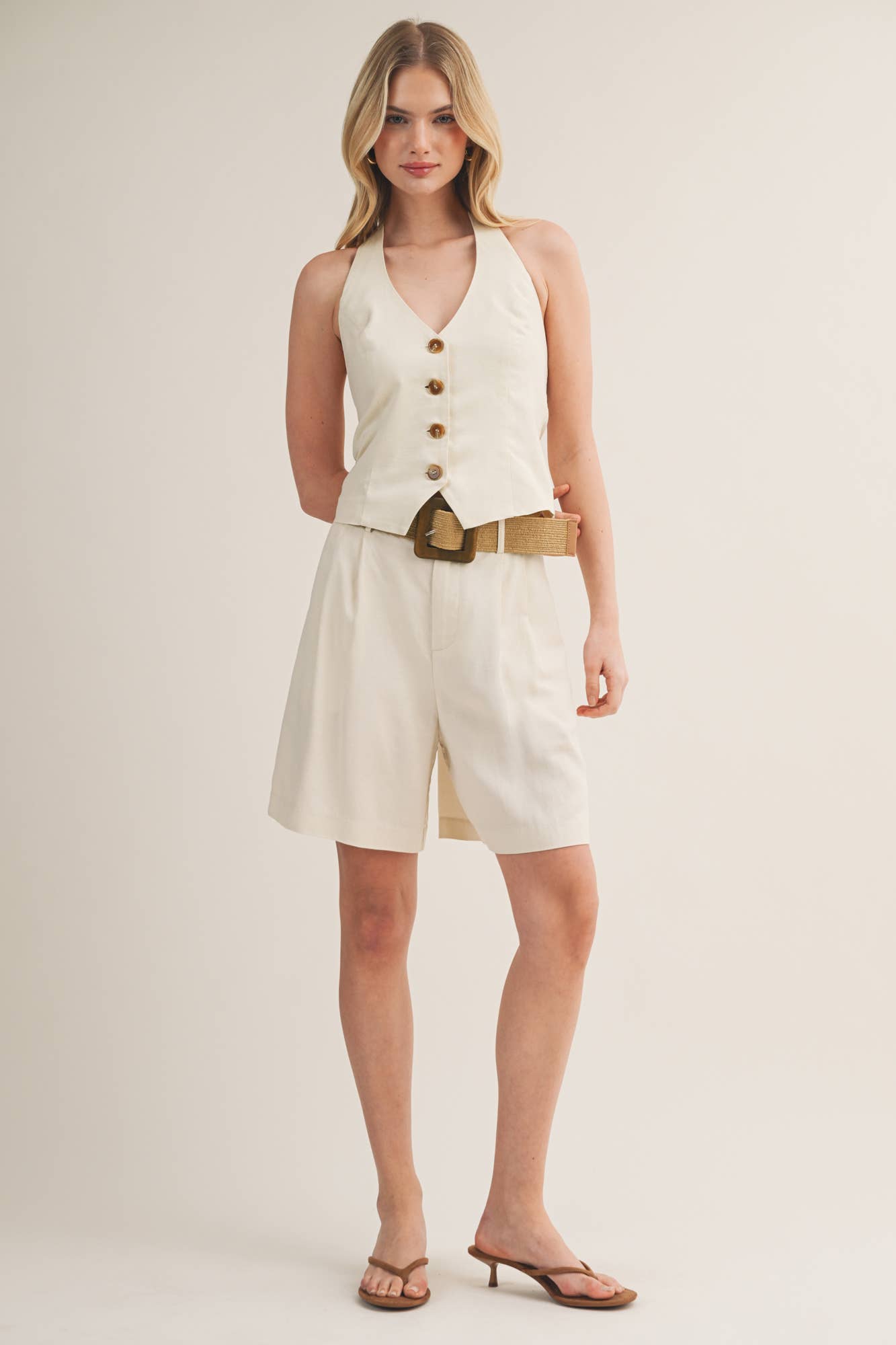 V-Neck Button Front Halter Vest